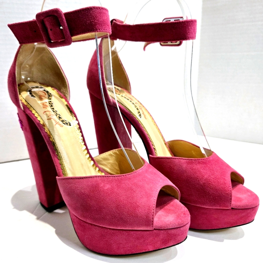 Charlotte Olympia Pink Suede Platform Chunky Heels